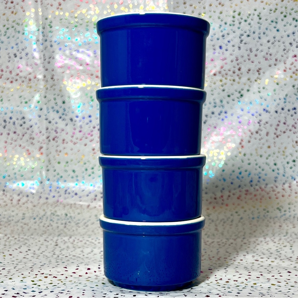 Stoneware Royal Blue Ramekins/Custard Cups SET OF 4 Stacking NEW Boxed